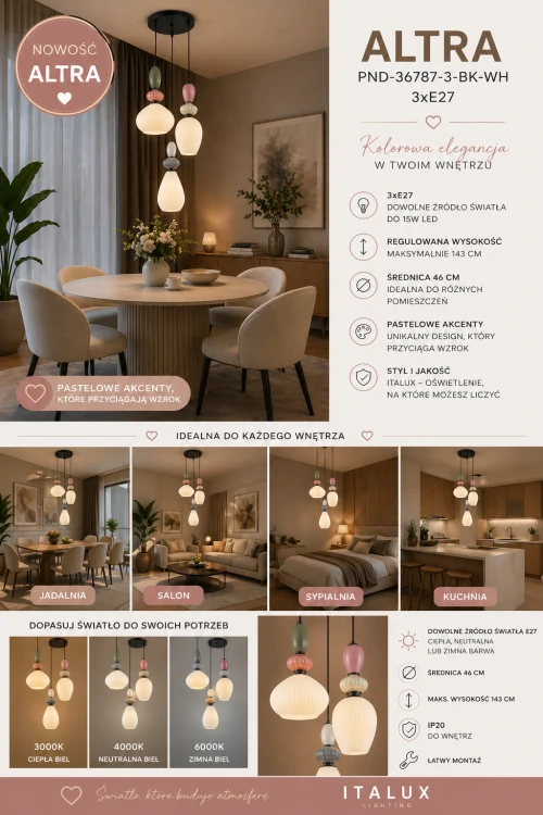 ALTRA 3xE27 to designerska lampa wisząca z trzema kloszami w kolorach białym, szarym i różowym. Idealna do wnętrz nowoczesnych i japandi. Średnica 46 cm, wysokość 143 cm. Możliwość zastosowania żarówek LED lub klasycznych.