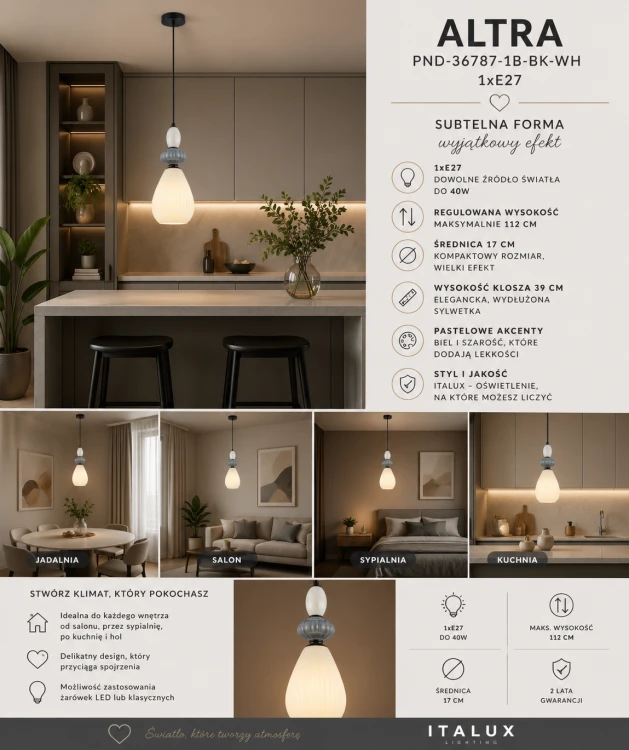 Nowoczesna lampa ALTRA Italux 1xE27 wyróżnia się smukłą formą i eleganckim kloszem ze szkła. Kompaktowa średnica 17 cm sprawia, że świetnie sprawdzi się nad stołem lub wyspą kuchenną. Pasuje do wnętrz modern i minimalistycznych.