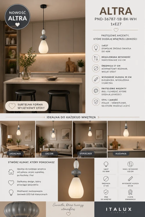 ALTRA 1xE27 to designerska lampa wisząca w kolorze czarnym z szarymi i białymi detalami. Średnica 17 cm, wysokość 112 cm. Idealna jako pojedyncze oświetlenie lub w zestawie kilku lamp. Do salonu, sypialni i kuchni.