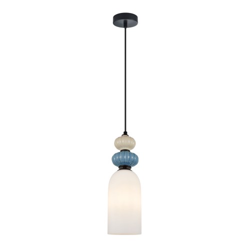 Lampa wisząca BONATA 1xE27 to nowoczesne oświetlenie z niebieskim i szarym akcentem. Średnica 12 cm, wysokość 113 cm. Idealna do salonu, kuchni i jadalni. Szklany klosz zapewnia przyjemne światło, a gwint E27 daje swobodę wyboru żarówki.