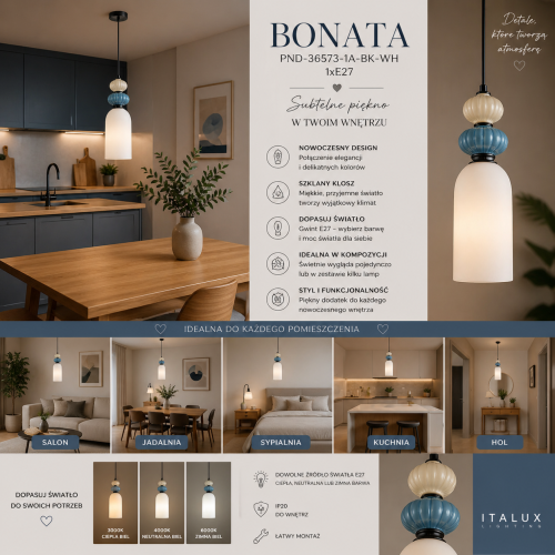 Nowoczesna lampa BONATA Italux 1xE27 wyróżnia się smukłą formą i dekoracyjnymi detalami w kolorze niebieskim. Kompaktowa średnica 12 cm sprawia, że świetnie sprawdzi się nad stołem lub wyspą kuchenną. Styl i funkcjonalność w jednym.