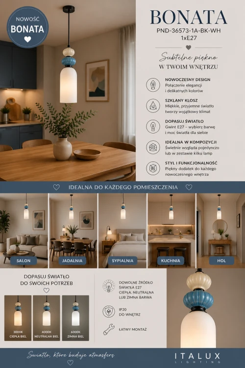 BONATA 1xE27 to designerska lampa wisząca w kolorze czarnym z niebieskim akcentem i białym kloszem. Średnica 12 cm, wysokość 113 cm. Idealna jako pojedyncze oświetlenie lub w zestawie kilku lamp. Do salonu, sypialni i kuchni.