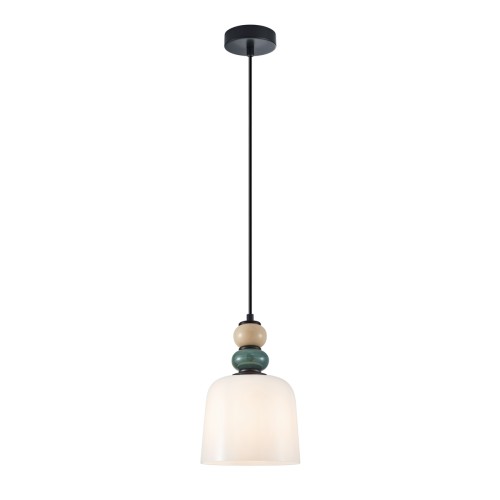 Lampa wisząca BONATA 1xE27 Italux to nowoczesne oświetlenie w kolorze czarnym z beżowo-niebieskimi akcentami. Średnica 16 cm, wysokość 100 cm. Szklany klosz zapewnia przyjemne światło, idealna do salonu, kuchni i jadalni.