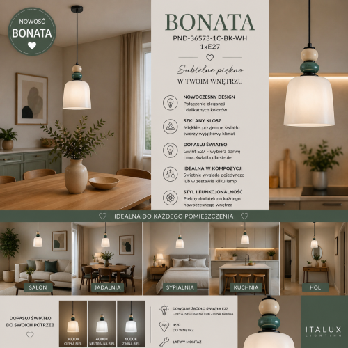 BONATA 1xE27 to stylowa lampa wisząca z kolorowymi detalami. Kompaktowa forma Ø16 cm sprawia, że świetnie nadaje się nad stół lub wyspę. Gwint E27 pozwala dobrać dowolną żarówkę LED i stworzyć idealny klimat w pomieszczeniu.