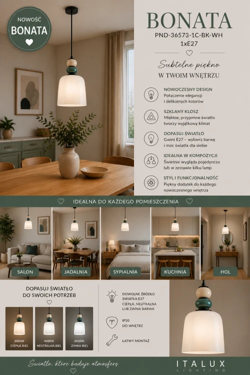 Nowoczesna lampa BONATA Italux łączy czarną konstrukcję z beżowym i niebieskim akcentem. Wysokość 100 cm i średnica 16 cm sprawiają, że pasuje do wielu wnętrz. Idealna do salonu, sypialni i kuchni jako pojedyncze oświetlenie.