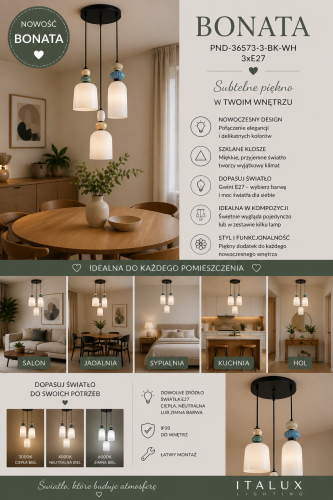 BONATA 3xE27 to designerska lampa sufitowa w kolorze czarnym z niebieskimi i beżowymi akcentami. Trzy źródła światła E27 gwarantują dobre doświetlenie. Nowoczesny styl i dekoracyjna forma do każdego wnętrza.