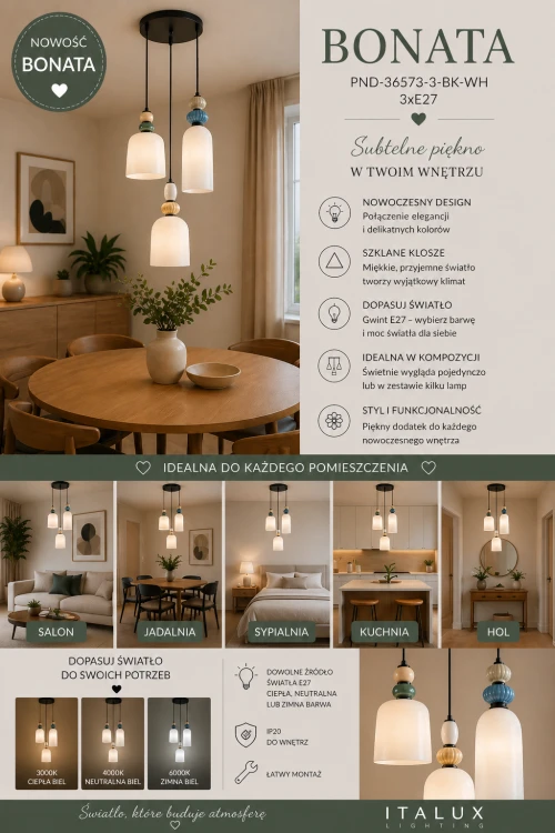 Nowoczesna lampa BONATA Italux 3xE27 z trzema kloszami to idealne rozwiązanie do większych przestrzeni. Średnica 35 cm, wysokość 137 cm. Stylowe połączenie kolorów i funkcjonalność w jednym.