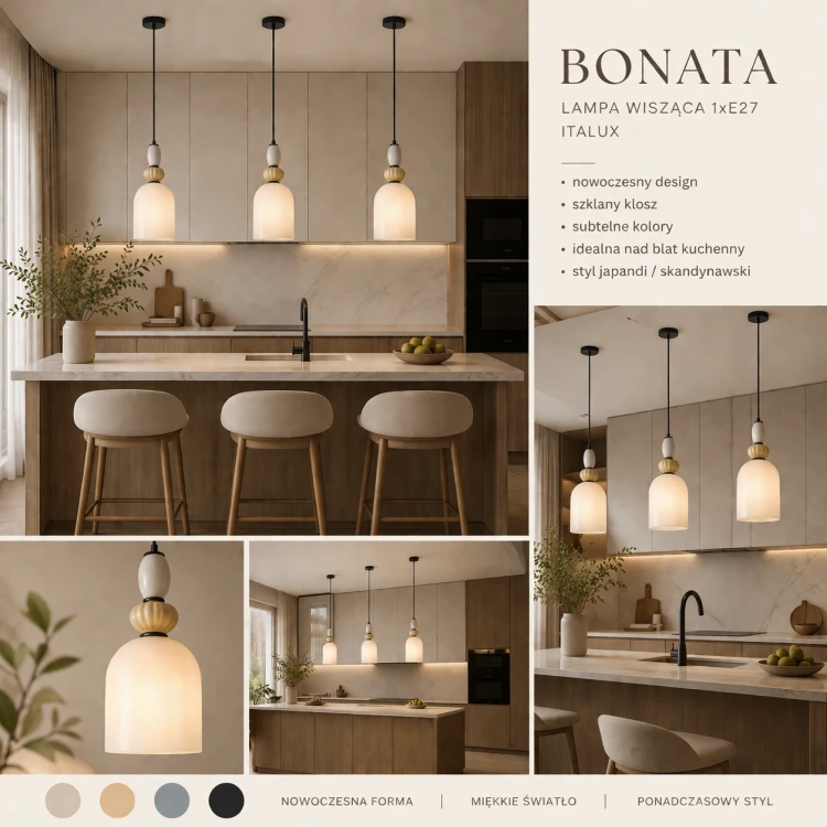 Lampa sufitowa BONATA Italux 1xE27 wyróżnia się nowoczesną formą i subtelnymi kolorami. Szklany klosz daje miękkie światło, a kompaktowy rozmiar sprawia, że świetnie sprawdzi się pojedynczo lub w zestawie kilku lamp.