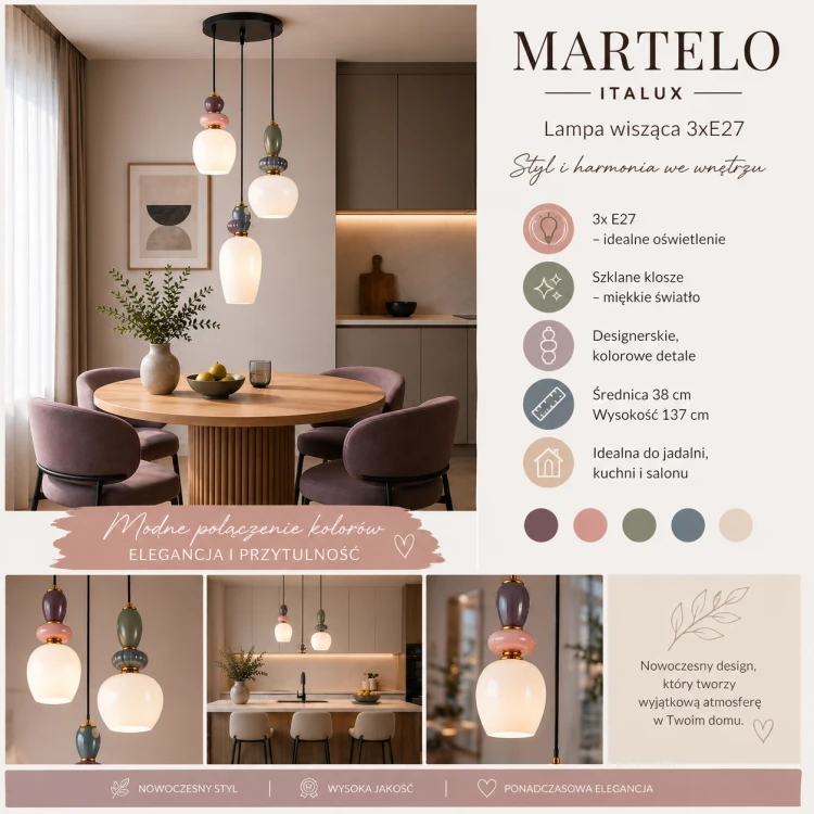 MARTELO 3xE27 Italux to designerska lampa wisząca z trzema punktami światła. Kolorowe detale i złote wykończenie nadają wnętrzu charakteru. Doskonała nad stół, do salonu lub kuchni.
