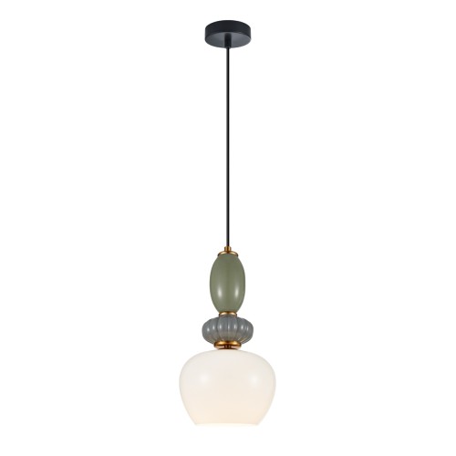 Lampa wisząca MARTELO 1xE27 Italux to nowoczesne oświetlenie z eleganckimi, kolorowymi detalami. Szklany klosz zapewnia miękkie światło, idealne do salonu, jadalni lub kuchni nad wyspą.