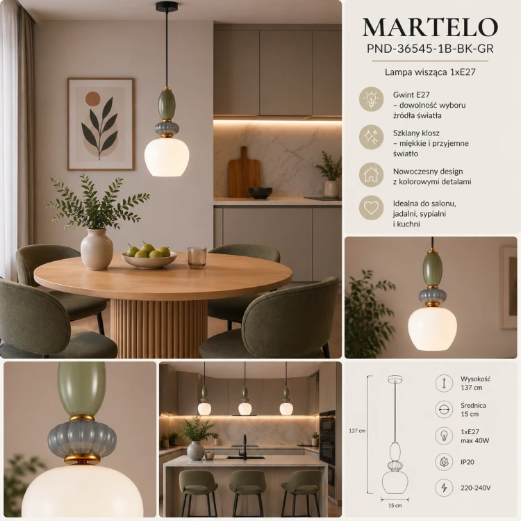 Nowoczesna lampa MARTELO Italux 1xE27 łączy złote wykończenie z modnymi akcentami niebieskiego i zielonego. Szklany klosz tworzy przytulny klimat. Idealna do wnętrz w stylu japandi i minimalistycznym.