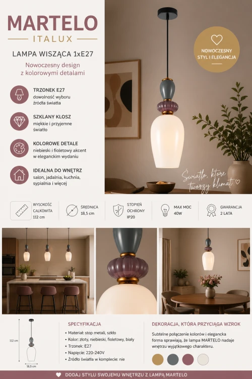 MARTELO 1xE27 Italux to stylowa lampa wisząca z dekoracyjnymi detalami. Miękkie światło i elegancka forma sprawiają, że doskonale pasuje do wnętrz nowoczesnych, japandi i skandynawskich.