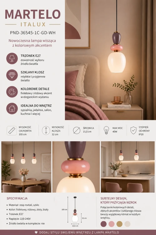 Lampa sufitowa MARTELO Italux 1xE27 wyróżnia się minimalistycznym designem i pastelową kolorystyką. Idealna jako pojedyncze oświetlenie lub w zestawie kilku lamp nad blatem kuchennym.
