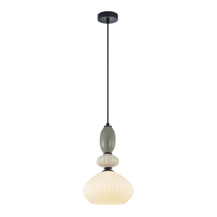 Lampa wisząca DOMALI 1xE27 Italux to nowoczesne oświetlenie w stonowanej kolorystyce czerni i szarości. Szklany klosz zapewnia miękkie światło, idealne do salonu, jadalni lub kuchni.