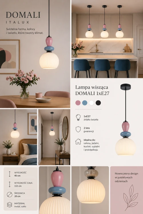 DOMALI 1xE27 Italux to stylowa lampa wisząca z dekoracyjnymi akcentami. Subtelne kolory i miękkie światło sprawiają, że doskonale pasuje nad stół, do salonu lub sypialni.