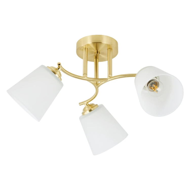 Lampa sufitowa Pafos 3xE27 w złotym kolorze to eleganckie oświetlenie do salonu, sypialni i jadalni. Mleczne klosze zapewniają miękkie światło, a trzy źródła światła gwarantują dobre doświetlenie wnętrza. Idealna do nowoczesnych aranżacji.