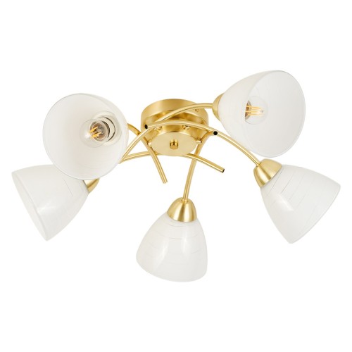 Lampa sufitowa CLARA 5xE27 w kolorze złotym to eleganckie oświetlenie do salonu, sypialni i korytarza. Mleczne klosze delikatnie rozpraszają światło, tworząc przytulny klimat. Możliwość zastosowania żarówek LED pozwala dopasować barwę światła.