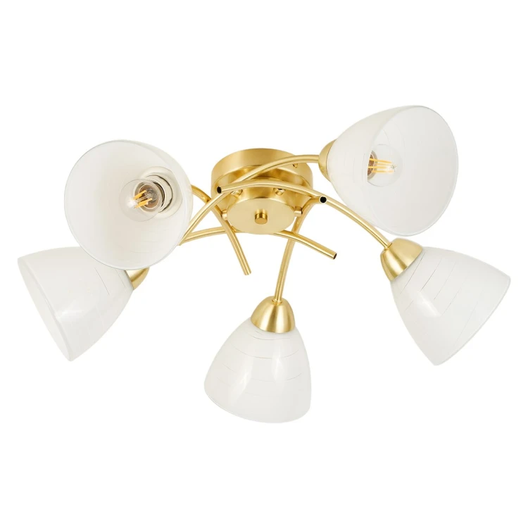 Lampa sufitowa CLARA 5xE27 w kolorze złotym to eleganckie oświetlenie do salonu, sypialni i korytarza. Mleczne klosze delikatnie rozpraszają światło, tworząc przytulny klimat. Możliwość zastosowania żarówek LED pozwala dopasować barwę światła.