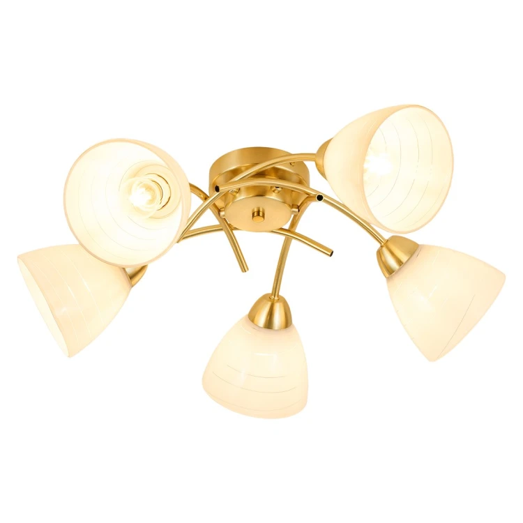 Nowoczesna lampa sufitowa CLARA 5xE27 złota z mlecznymi kloszami to idealny wybór do eleganckich wnętrz. Zapewnia równomierne światło i możliwość zastosowania energooszczędnych żarówek LED o wybranej barwie.