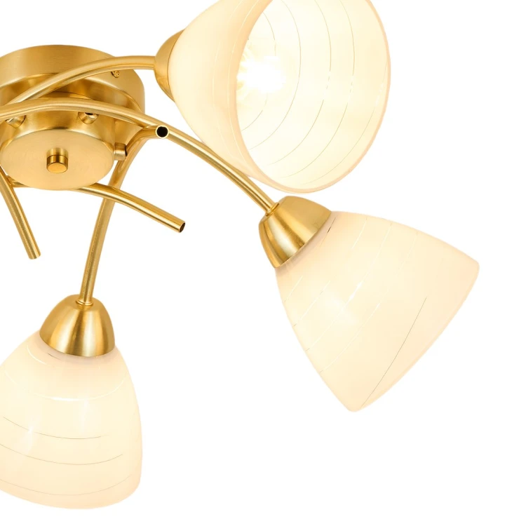 Elegancka lampa sufitowa CLARA 5xE27 z pięcioma kloszami to praktyczne oświetlenie do każdego wnętrza. Złota konstrukcja dodaje stylu, a możliwość zastosowania żarówek LED pozwala dopasować światło do potrzeb.