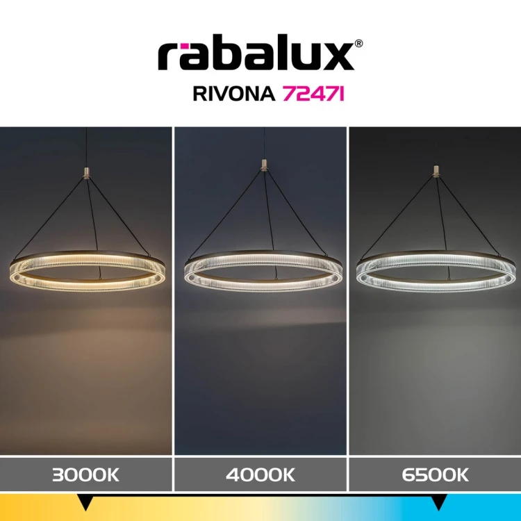 Nowoczesna lampa wisząca Rivona 24W LED z regulacją barwy światła i jasności. Stylowy design i złote wykończenie podkreślą każde wnętrze.