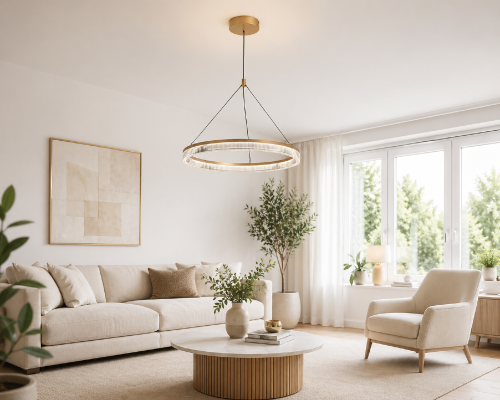 Lampa wisząca LED Rábalux Rivona 24W 3540 lm to eleganckie oświetlenie w złotym kolorze. Funkcja CCT 3000–6500K, ściemnianie i pilot z pamięcią zapewniają komfort. Idealna nad stół, do salonu i sypialni.