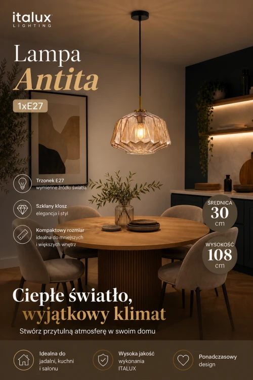 Elegancka lampa wisząca ANTITA Italux łączy czarną konstrukcję z dekoracyjnym bursztynowym szkłem. Zapewnia ciepłe, nastrojowe światło. Idealna do salonu, jadalni i kuchni. Gwint E27 daje możliwość dopasowania źródła światła.