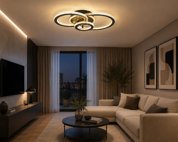 Efektowna lampa sufitowa LED Maziar Rábalux z funkcją ściemniania i pamięcią ustawień. Nowoczesne ringi z dekoracyjnym kryształowym wykończeniem tworzą wyjątkowy klimat w salonie i sypialni.