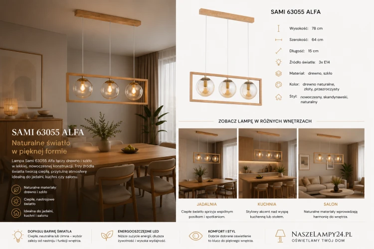 Nowoczesna lampa SAMI 63055 Alfa z drewnianą ramą i bursztynowymi kloszami doskonale sprawdzi się nad stołem lub wyspą kuchenną. Styl japandi, loft i skandynawski w eleganckim wydaniu. Możliwość zastosowania żarówek LED E14