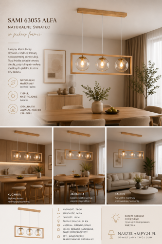 Lampa wisząca SAMI 3xE14 Alfa 63055 to stylowe połączenie drewna, szkła i złotych detali. Bursztynowe klosze tworzą ciepły klimat we wnętrzu. Idealna do jadalni, salonu lub kuchni nad stół w stylu nowoczesnym i skandynawskim