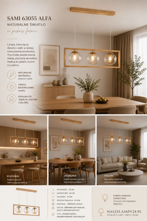 Lampa wisząca SAMI 3xE14 Alfa 63055 to stylowe połączenie drewna, szkła i złotych detali. Bursztynowe klosze tworzą ciepły klimat we wnętrzu. Idealna do jadalni, salonu lub kuchni nad stół w stylu nowoczesnym i skandynawskim