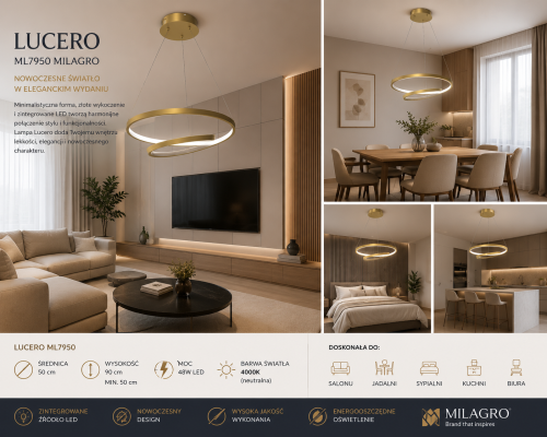 Nowoczesna lampa wisząca LUCERO 48W LED Milagro zachwyca minimalistyczną formą oraz eleganckim złotym wykończeniem. Neutralne światło 4000K zapewnia komfort użytkowania. Idealna do salonu, jadalni oraz nowoczesnej kuchni.