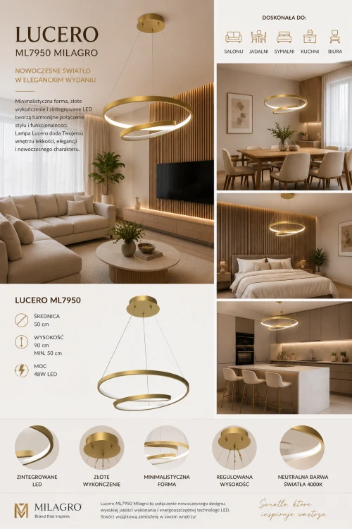 Stylowa lampa LED LUCERO ML7950 w kolorze złotym to idealne rozwiązanie do nowoczesnych wnętrz glamour i modern. Designerskie ringi LED, regulowana wysokość oraz neutralna barwa 4000K tworzą wyjątkowy klimat w pomieszczeniu