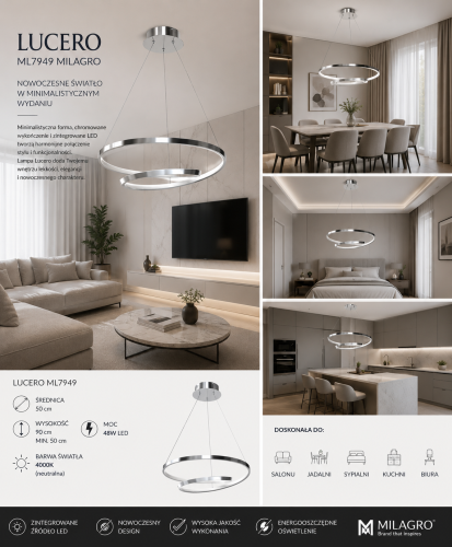 Nowoczesna lampa wisząca LUCERO chrom 48W LED Milagro zachwyca minimalistycznym designem i elegancką formą ringów. Neutralne światło 4000K zapewnia komfortowe oświetlenie salonu, jadalni lub kuchni.