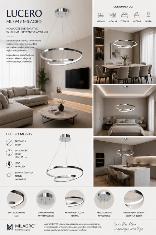 LUCERO ML7949 Milagro to designerska lampa LED w kolorze chrom. Efektowne ringi i energooszczędne światło 48W tworzą wyjątkowy klimat we wnętrzu. Idealna do nowoczesnych aranżacji glamour i minimalistycznych