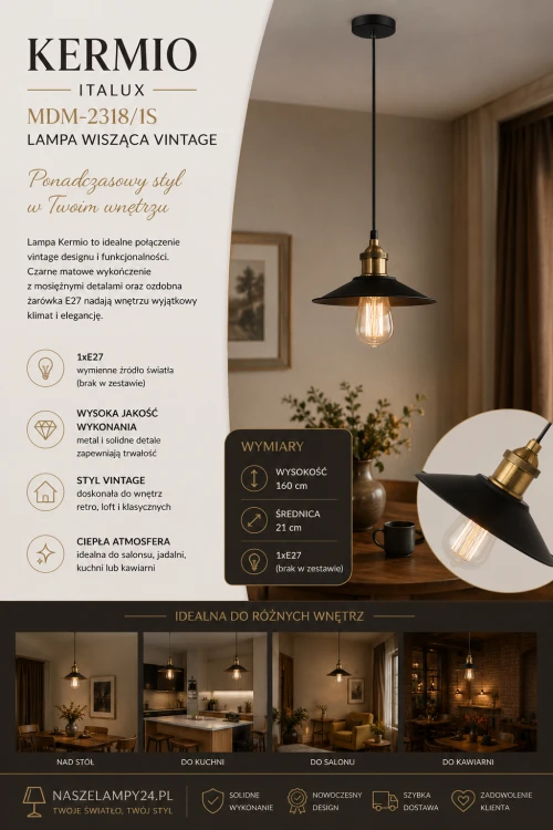 Nowoczesna lampa KERMIO Italux w stylu industrialnym doskonale podkreśli charakter loftowego wnętrza. Połączenie czerni i złota oraz możliwość zastosowania żarówki filament tworzą wyjątkowy klimat retro i vintage