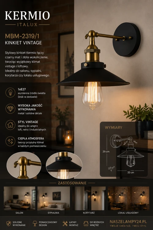 Lampa ścienna KERMIO Italux doskonale wpisuje się w modne wnętrza loftowe i retro. Połączenie czerni oraz złotych dodatków świetnie komponuje się z dekoracyjną żarówką filament E27 i tworzy przytulny klimat.