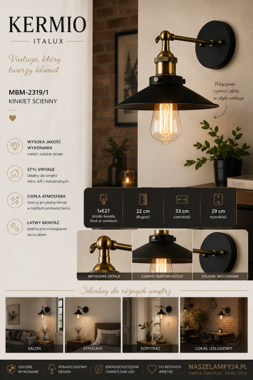 Kinkiet KERMIO MBM-2319/1 Italux to industrialna lampa ścienna do salonu, korytarza lub restauracji. Styl vintage, metalowa konstrukcja i możliwość zastosowania żarówek LED czynią ją wyjątkową dekoracją wnętrza.