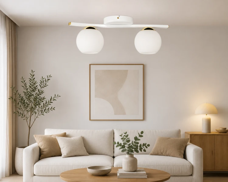 Nowoczesna lampa sufitowa MAREA 2xE27 marki Lemir zachwyca minimalistycznym stylem i połączeniem bieli ze złotem. Mleczne klosze zapewniają miękkie światło, a kompaktowy rozmiar sprawdzi się w salonie, sypialni czy przedpokoju.