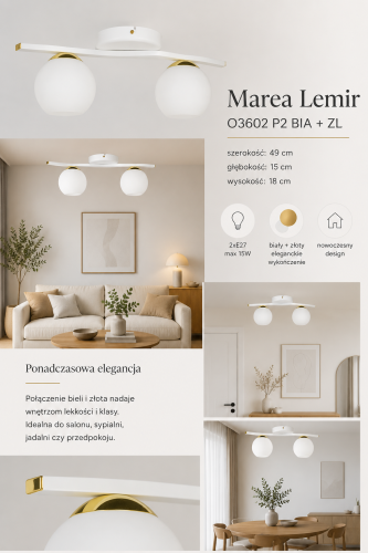 Lampa sufitowa MAREA Lemir O3602 P2 BIA + ZL to eleganckie oświetlenie z białymi kulistymi kloszami i złotymi detalami. Idealna do salonu, sypialni lub kuchni. Polska produkcja, 2xE27, nowoczesny design i przyjemne światło.