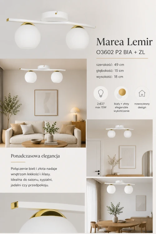 Lampa sufitowa MAREA Lemir O3602 P2 BIA + ZL to eleganckie oświetlenie z białymi kulistymi kloszami i złotymi detalami. Idealna do salonu, sypialni lub kuchni. Polska produkcja, 2xE27, nowoczesny design i przyjemne światło.