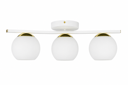 Lampa sufitowa MAREA w kolorze białym, ze złotymi dodatkami. Klosze białe w formie kuli. Polska produkcja Lemir. Trzy klosze na listwie do niskich pomieszczeń.