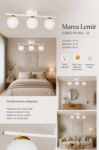 Lampa sufitowa MAREA O3603 P3 BIA + ZL marki Lemir to nowoczesne oświetlenie z trzema mlecznymi kloszami i złotymi dodatkami. Stylowa forma idealnie sprawdzi się w salonie, sypialni lub jadalni. Polska produkcja i oprawa 3xE27.