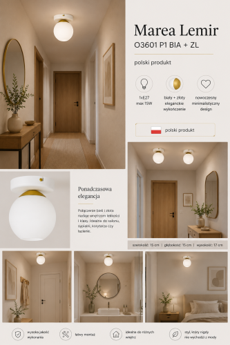Lampa sufitowa MAREA O3601 P1 BIA + ZL marki Lemir to eleganckie oświetlenie z mlecznym kloszem i złotymi dodatkami. Nowoczesny design doskonale sprawdzi się w sypialni, korytarzu, salonie lub kuchni. Polska produkcja i oprawa E27.