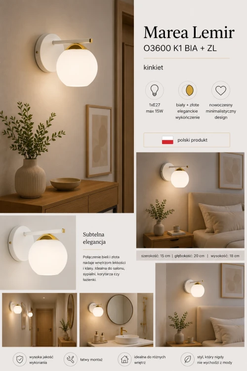 MAREA O3600 K1 BIA + ZL to elegancki kinkiet ścienny marki Lemir. Mleczny klosz zapewnia przyjemne, rozproszone światło, a minimalistyczna forma idealnie wpisuje się w nowoczesne, japandi i skandynawskie wnętrza.