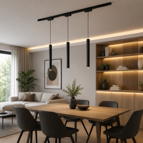 Czarna oprawa wisząca LED do systemu Magnetic Track 48V wyróżnia się minimalistycznym designem i smukłą formą. Funkcja CCT 2700K-4000K, możliwość ściemniania oraz wysoki CRI>90 gwarantują nowoczesne i funkcjonalne oświetlenie.