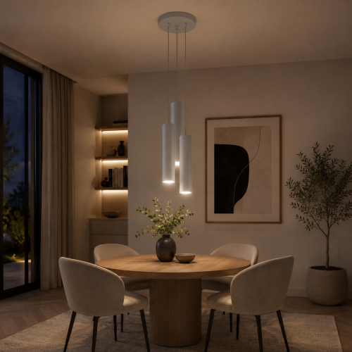 Nowoczesna lampa wisząca LAGOS 3xGU10 biała marki Sollux zachwyca prostą formą i eleganckim wyglądem. Cylindryczne klosze doskonale pasują do wnętrz loftowych, skandynawskich i minimalistycznych. Idealna nad stół lub wyspę kuchenną.