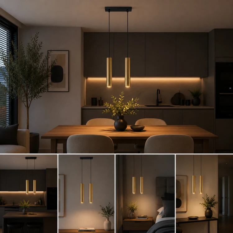 Lampa wisząca ze złotymi tubami wykonana ze stali to idealny wybór do eleganckich wnętrz. Dwa źródła światła GU10 zapewniają funkcjonalne oświetlenie, a minimalistyczny design podkreśla nowoczesny charakter pomieszczenia.