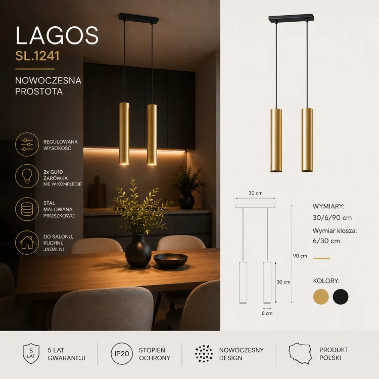 Stylowa lampa wisząca 2xGU10 w złotym połysku zachwyca nowoczesnym designem i eleganckim wyglądem. Metalowe klosze w formie tub świetnie sprawdzą się nad stołem, wyspą kuchenną lub w nowoczesnym salonie.