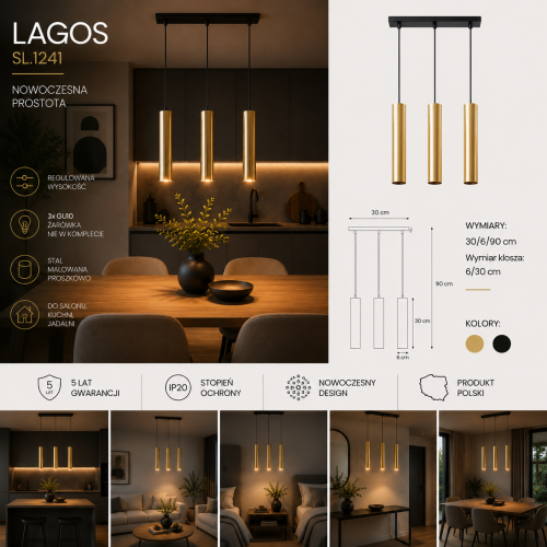 Stylowa lampa wisząca 3xGU10 w złotym połysku zachwyca nowoczesnym designem i eleganckim wyglądem. Metalowe klosze w formie tub świetnie sprawdzą się nad stołem, wyspą kuchenną lub w nowoczesnym salonie.